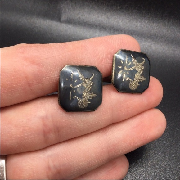 VINTAGE ROYAL SIAM MEKKALA GODDESS NIELLO ENAMEL STERLING SILVER CUFFLIN… - Picture 6 of 6